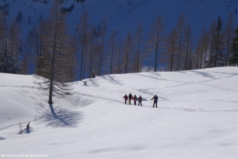Abstieg einer Schneeschuh Wandergruppe