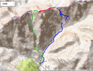 blau Aufstieg, rot Klettersteig, grün Abstieg